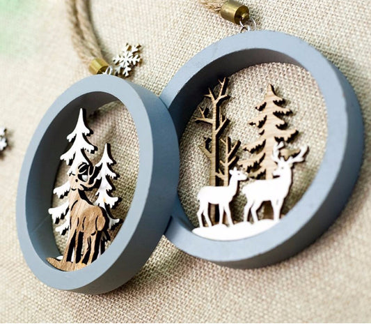Santa Claus Deer New Year Natural Wood Christmas Tree Ornaments
